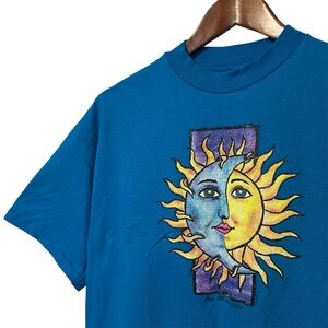 Vintage Hanes Beefy-T Celestial Moon and Sun Blue Single Stitch Graphic T-Shirt